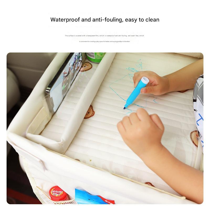 Kids Car Seat Travel Tray - Waterproof Lap Desk with Storage Pockets (Beige bunny - Round)
