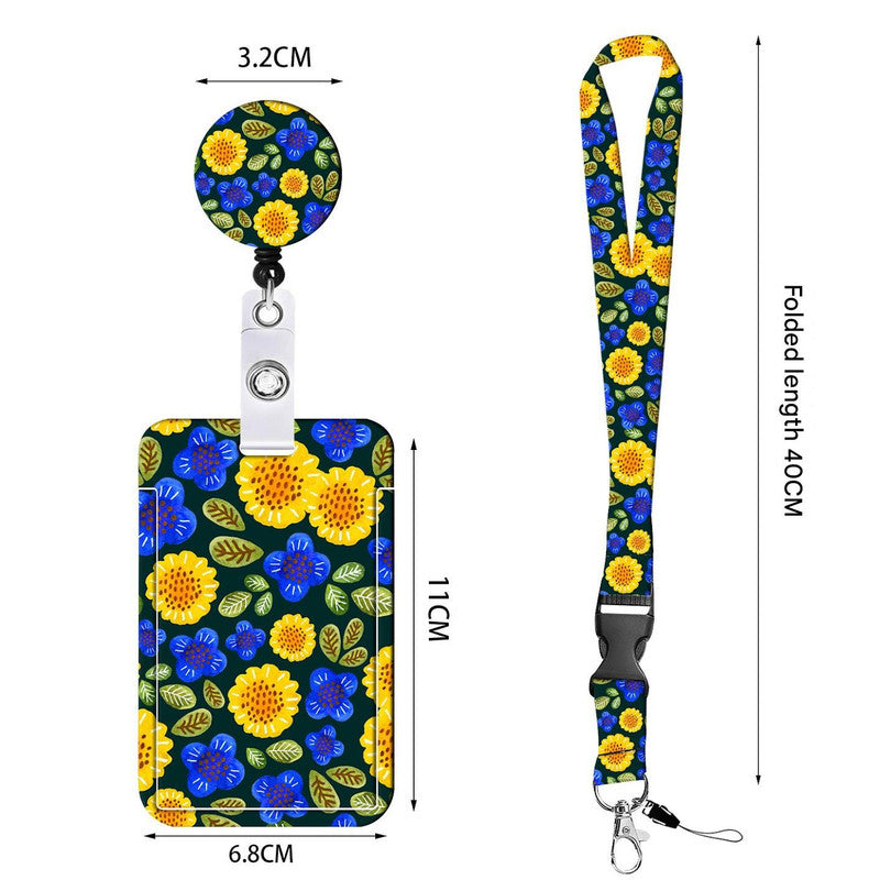 2-pcs Retractable ID Badge Reel Lanyard Set with Vertical Hard Plastic Card Holder - Blue Yellow Floral (Style 1)