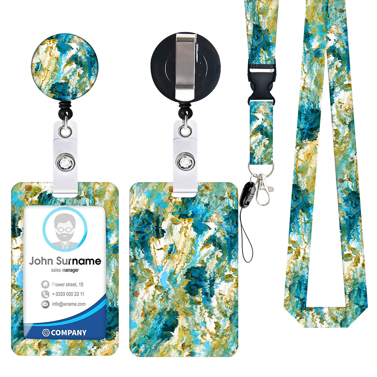 2-pcs Retractable ID Badge Reel Lanyard Set with Vertical Hard Plastic Card Holder - Blue rock patterns (Style 3)