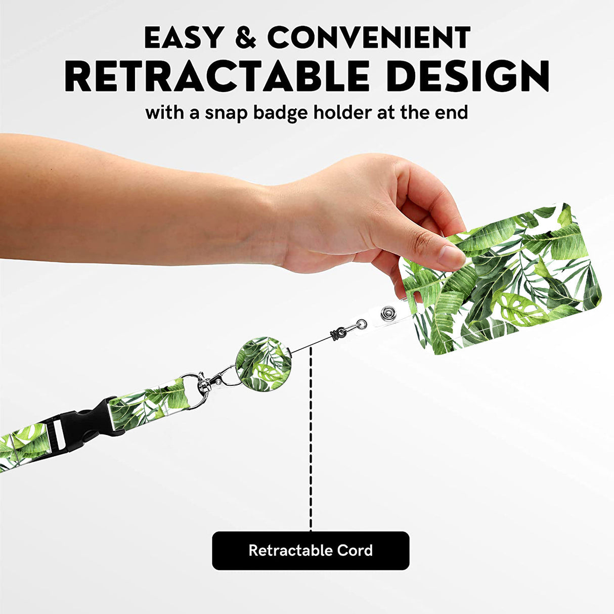 2-pcs Retractable ID Badge Reel Lanyard Set with Vertical Hard Plastic Card Holder - Blue flowers and plants (Style 4)