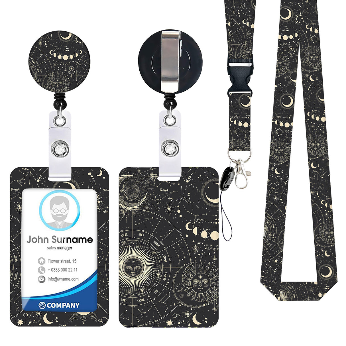 2-pcs Retractable ID Badge Reel Lanyard Set with Vertical Hard Plastic Card Holder - Black starry sky (Style 7)