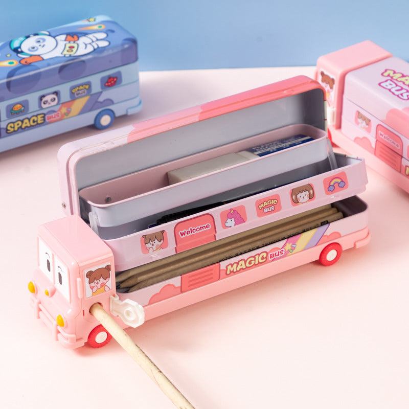 2-pcs Pink Fun School Bus Pencil Box with Built-in Sharpener - 3 Layer Large Capacity Stationery Box for Kids