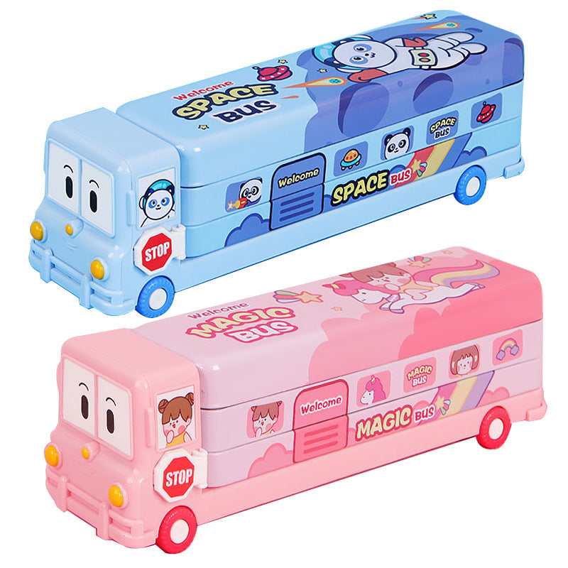 2-pcs (One pink and one blue) Fun School Bus Pencil Box with Built-in Sharpener - 3 Layer Large Capacity Stationery Box for Kids