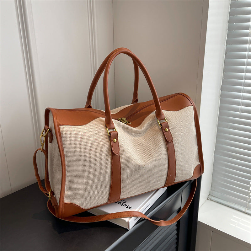 Brown Contrast Color Women's Travel Bag - Canvas & PU Leather Trim Luggage (43x27x19cm)