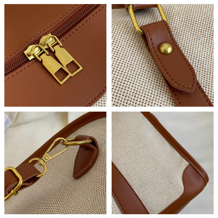 Black Contrast Color Women's Travel Bag - Canvas & PU Leather Trim Luggage (43x27x19cm)