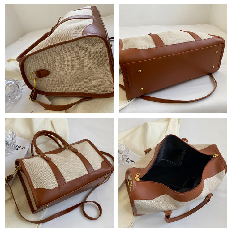 Black Contrast Color Women's Travel Bag - Canvas & PU Leather Trim Luggage (32x21x14cm)