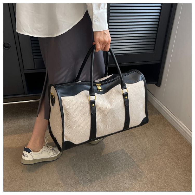 Black Contrast Color Women's Travel Bag - Canvas & PU Leather Trim Luggage (32x21x14cm)