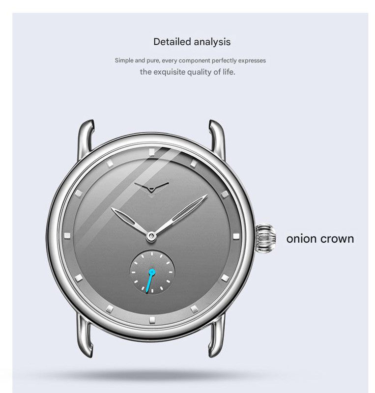 Silver Elegant Men's Watch with Leather Band - Small Seconds, Onion Crown Detail