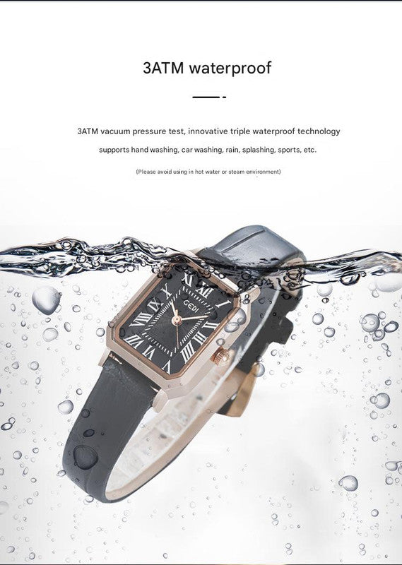 Rose gold case, white dial and black belt Ladies Quartz Watch - Classic Rectangular, Leather Band
