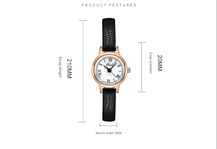 Rose shell white plate black belt Delicate Women's Watch - 20mm Roman Numeral Dial, Leather Strap