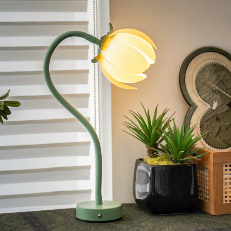 Green LED Tulip Desk Lamp - Flexible Gooseneck, Decorative Flower Table Light