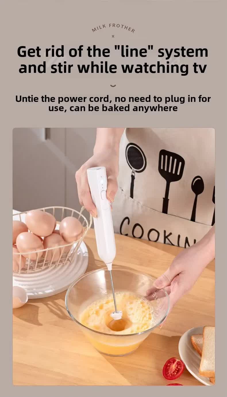 White Mini Hand Mixer with Frother & Balloon Whisk Heads - Rechargeable Kitchen Tool