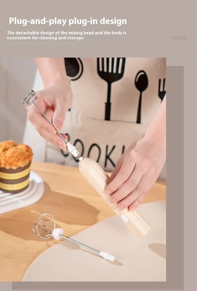 White Mini Hand Mixer with Frother & Balloon Whisk Heads - Rechargeable Kitchen Tool