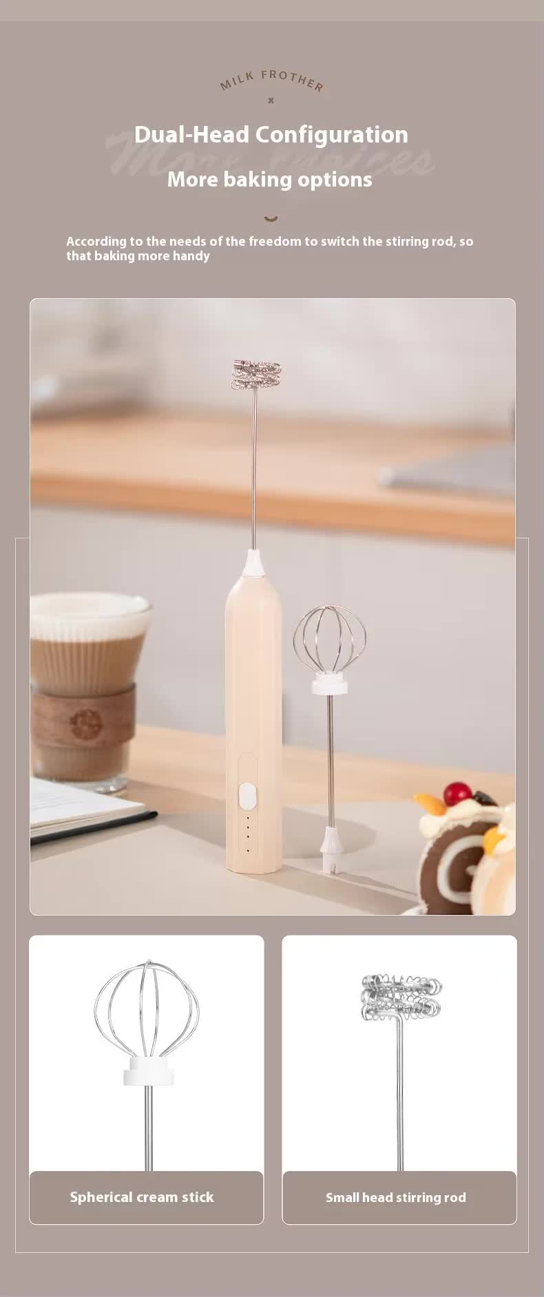 White Mini Hand Mixer with Frother & Balloon Whisk Heads - Rechargeable Kitchen Tool