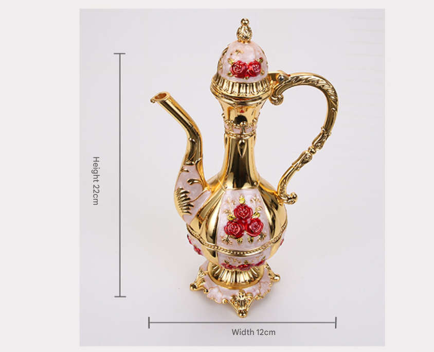 Vintage Palace Style Liquor Serving Set - Metal Pot, 6 Cups & Tray (White gold red rose)