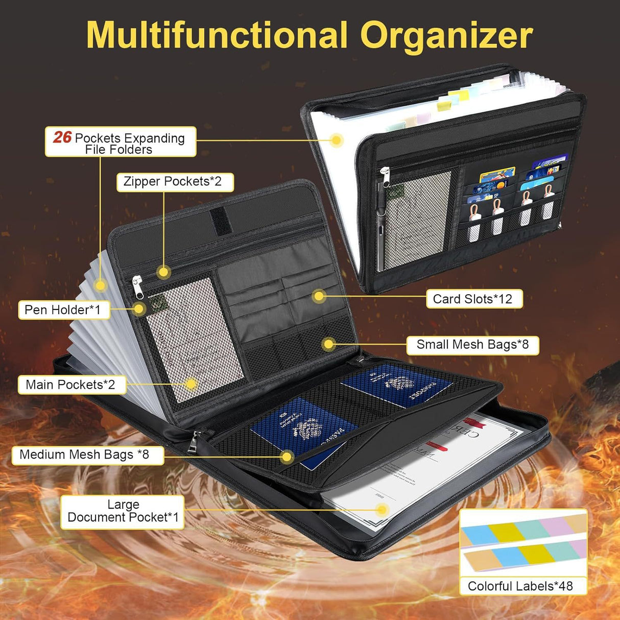 Expanding Accordion File Organizer - Fireproof & Waterproof Document Storage Case