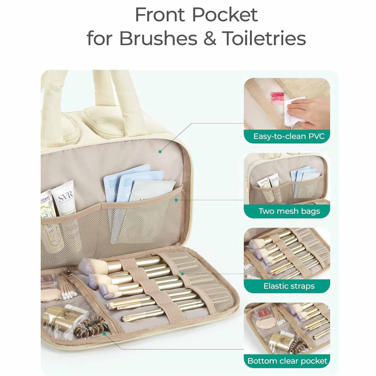 Black Puffy Travel Wash Bag with Wide-Mouth Access and Wet-Dry Pockets