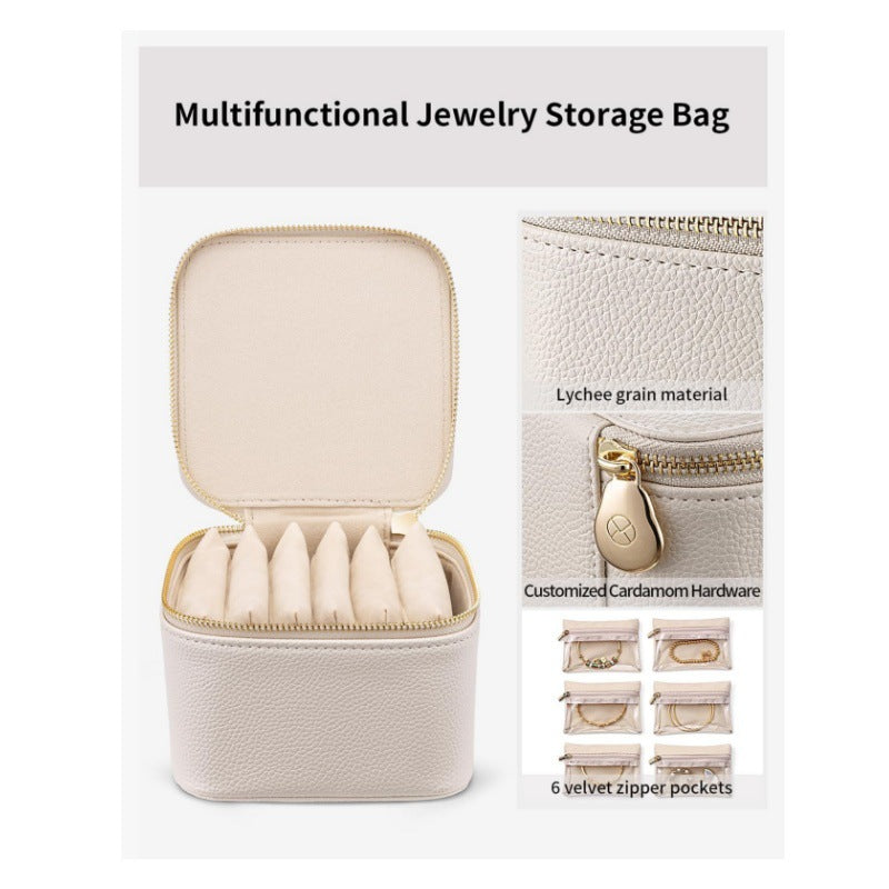 White Compact Travel Jewelry Box with 6 Individual Velvet Zipper Pouches