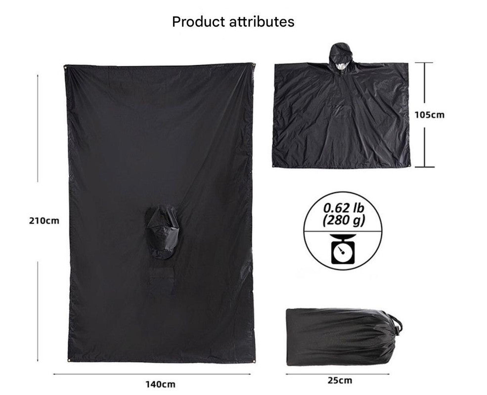 Black Portable Outdoor Camping Poncho - Can be used as Raincoat, Tarp, Ground Cover (Polyester silver coated without pockets)