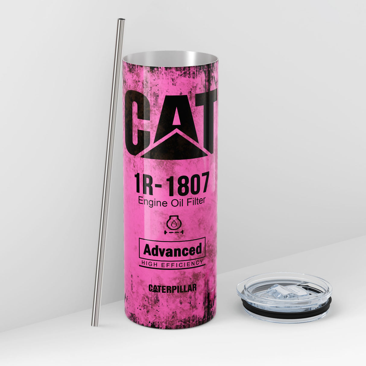 Pink Skinny Tumbler (591ml) - Fun CAT Oil Filter Replica for Construction Fans