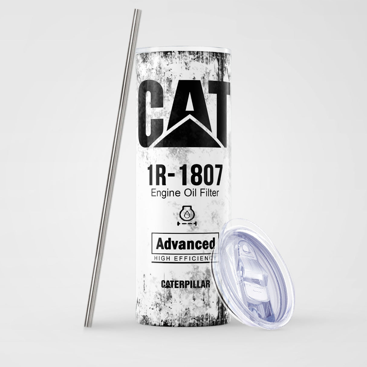 White Skinny Tumbler (591ml) - Fun CAT Oil Filter Replica for Construction Fans