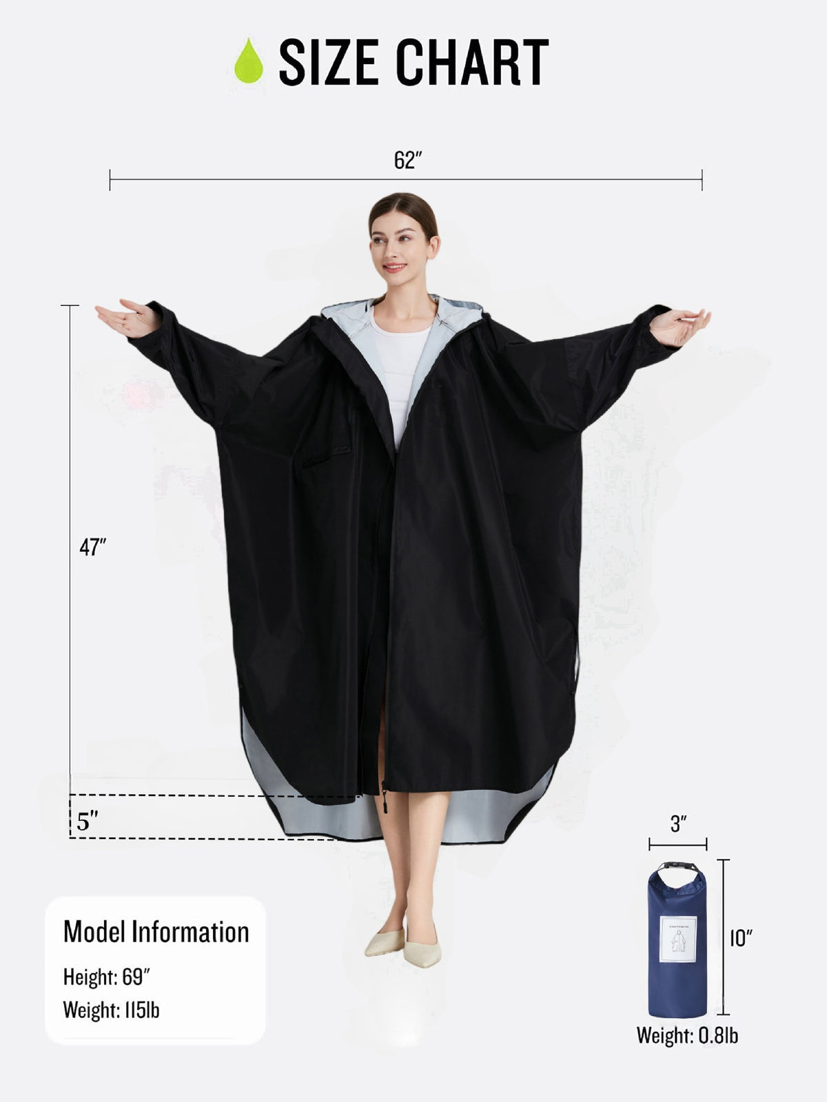 Matcha green Stylish Waterproof Raincoat Poncho - Long, Packable for Outdoor Travel & Hiking