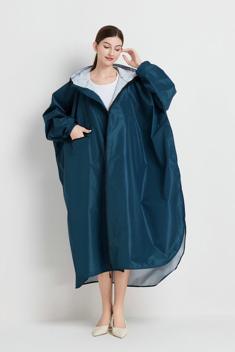 Sea blue Stylish Waterproof Raincoat Poncho - Long, Packable for Outdoor Travel & Hiking