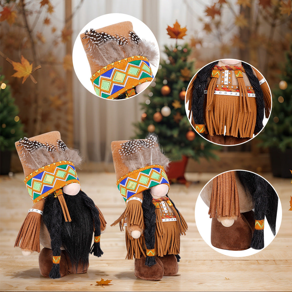 Plush Thanksgiving Dolls - Faceless Figures with Fringe & Braids (Set of 2)
