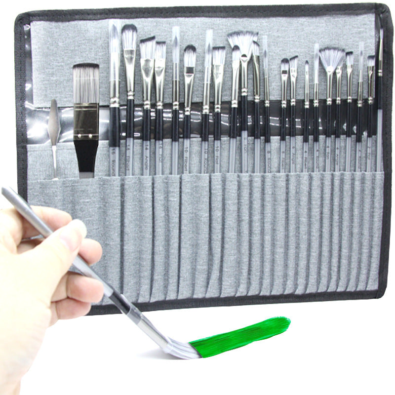 24pc Artist Paint Brush Set with Canvas Roll-Up Case - Nylon Hair Brushes for Acrylic Watercolor Oil Gouache Painting