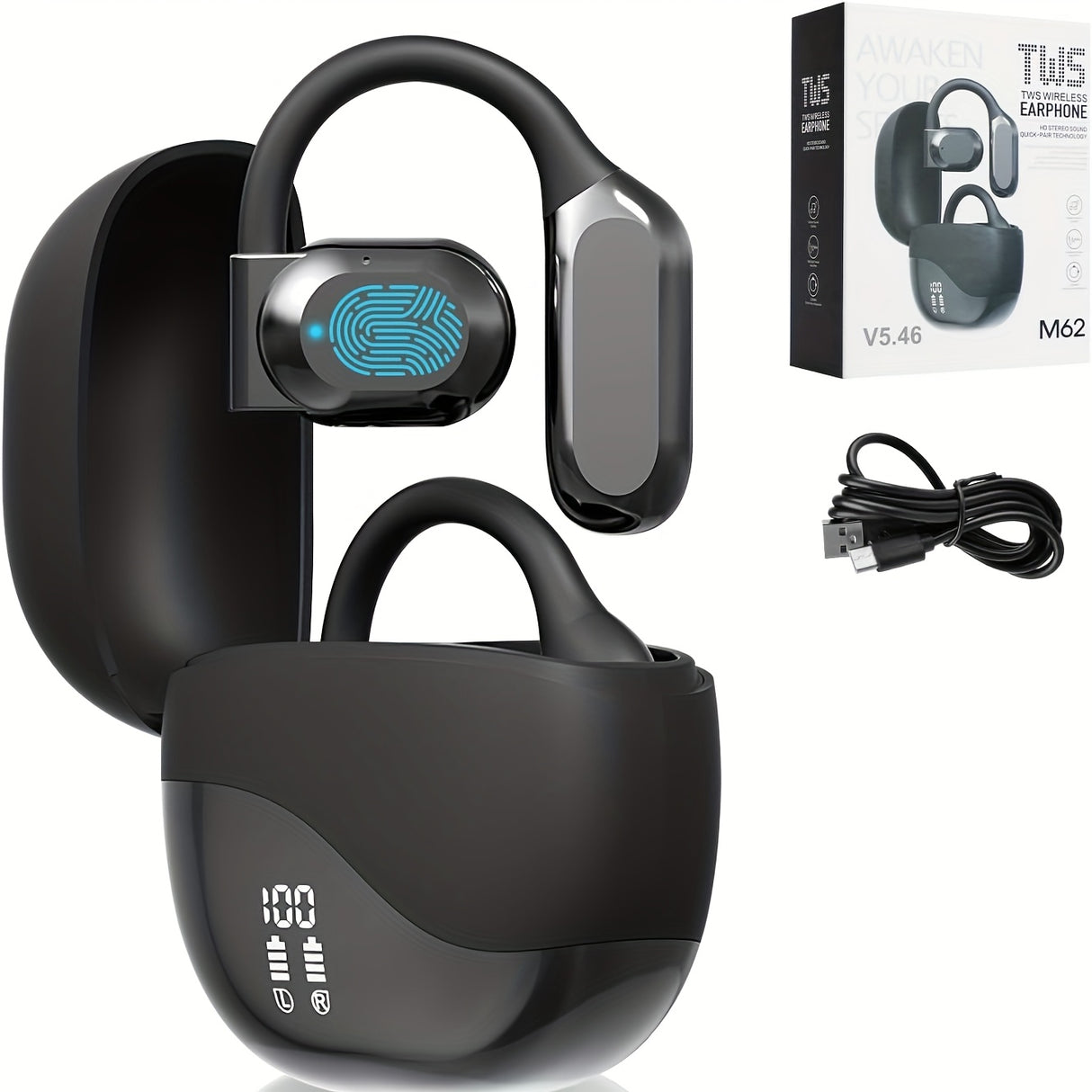 Black Comfortable Open-Ear Bluetooth Headset - Real-Time Translation, LED Display