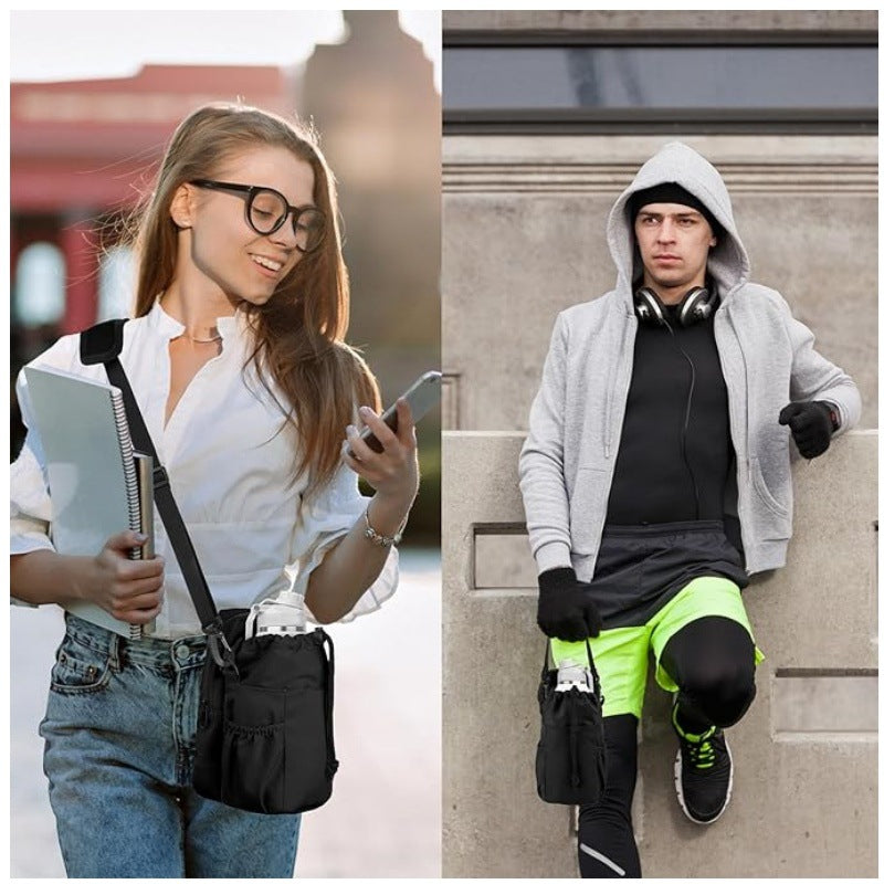 Black Portable Crossbody Water Bottle Holder with Multiple Pockets - Thermal Cooler Bag