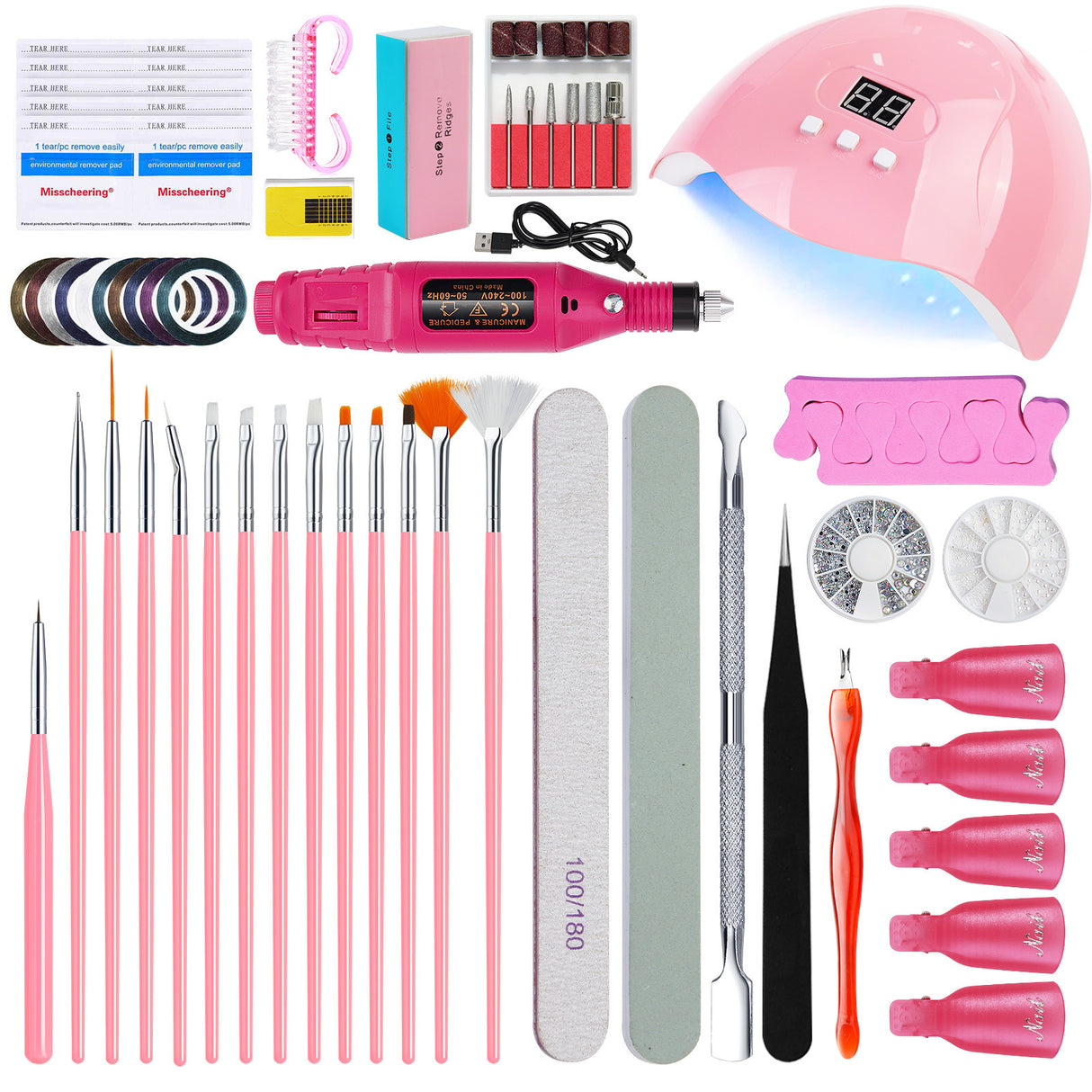 Complete Nail Art Manicure Kit - UV LED Lamp, Electric Drill, Brushes & Accessories