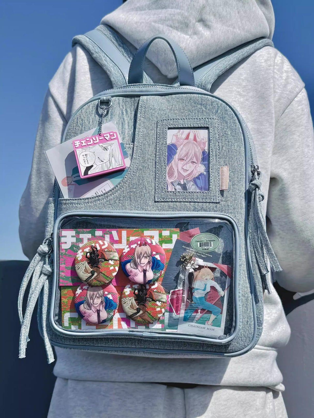 Light blue Large Capacity Anime Denim Bookbag for School Commute Anime Fans