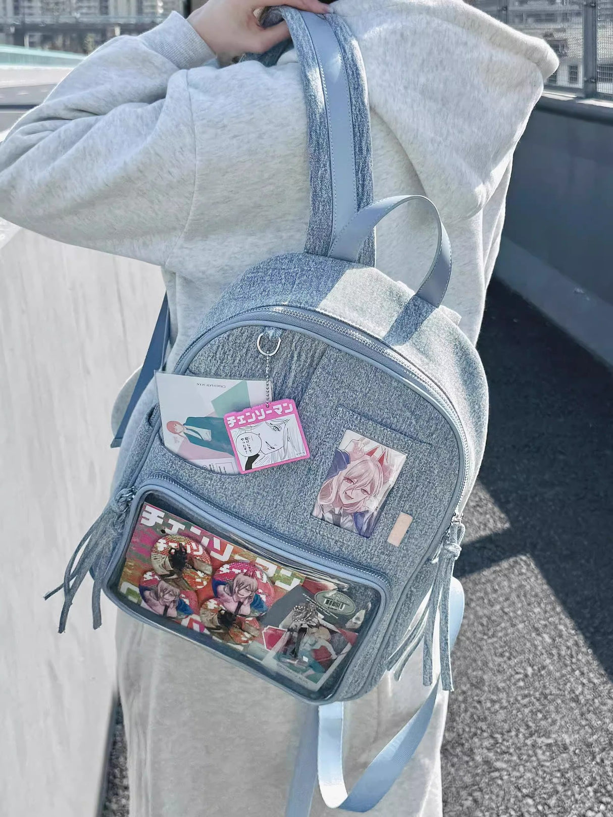 Light blue Large Capacity Anime Denim Bookbag for School Commute Anime Fans