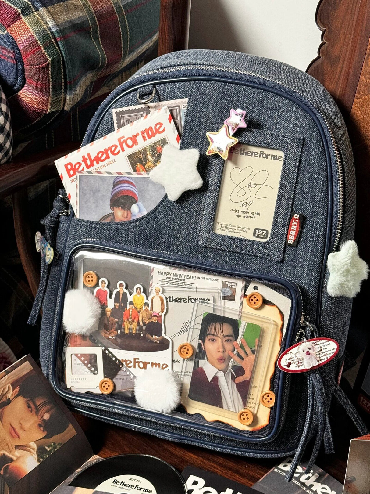 Dark blue Large Capacity Anime Denim Bookbag for School Commute Anime Fans