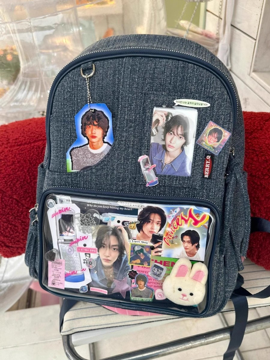 Dark blue Large Capacity Anime Denim Bookbag for School Commute Anime Fans