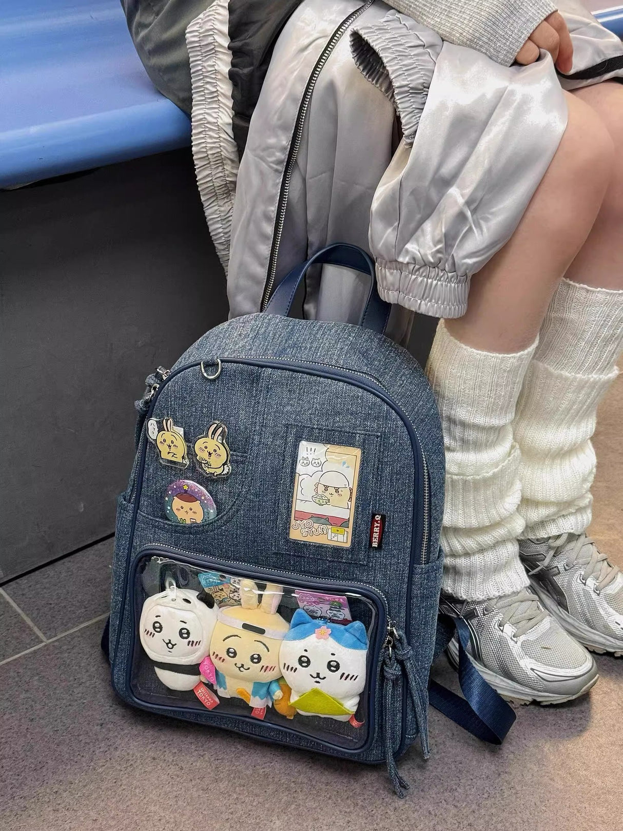 Dark blue Large Capacity Anime Denim Bookbag for School Commute Anime Fans