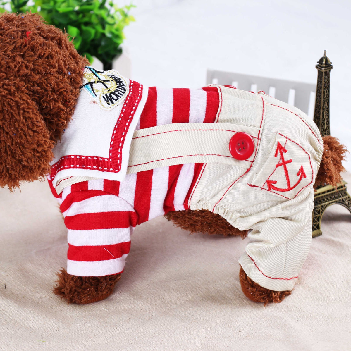 Red Cute Sailor Dog Outfit - Striped Shirt & Anchor Overalls for Small Dogs (Size : S )