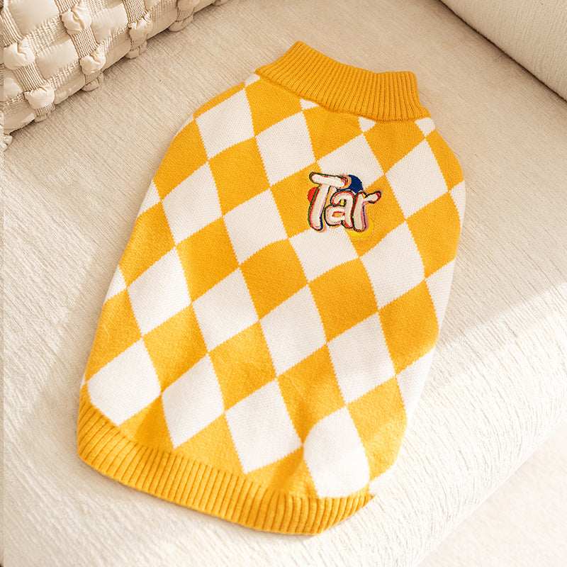 Classic Argyle Dog Sweater - Yellow & White Knit for Corgis & Medium Breeds (Size : M)