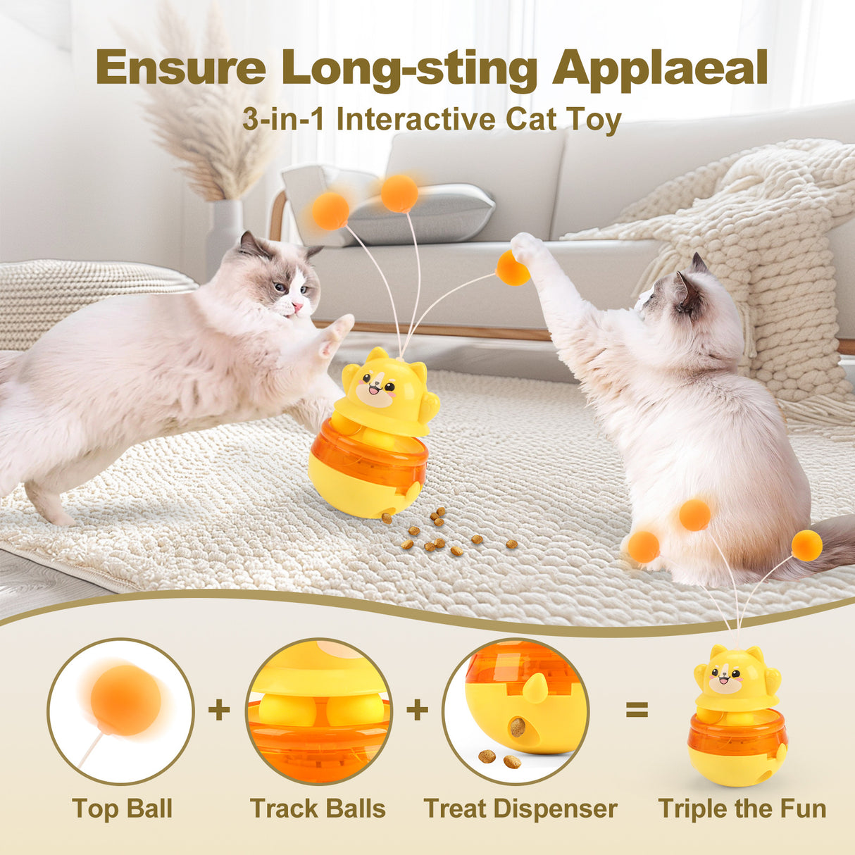 Yellow 3-in-1 Interactive Cat Toy - Tumbler, Treat Dispenser, Track & Teaser Ball