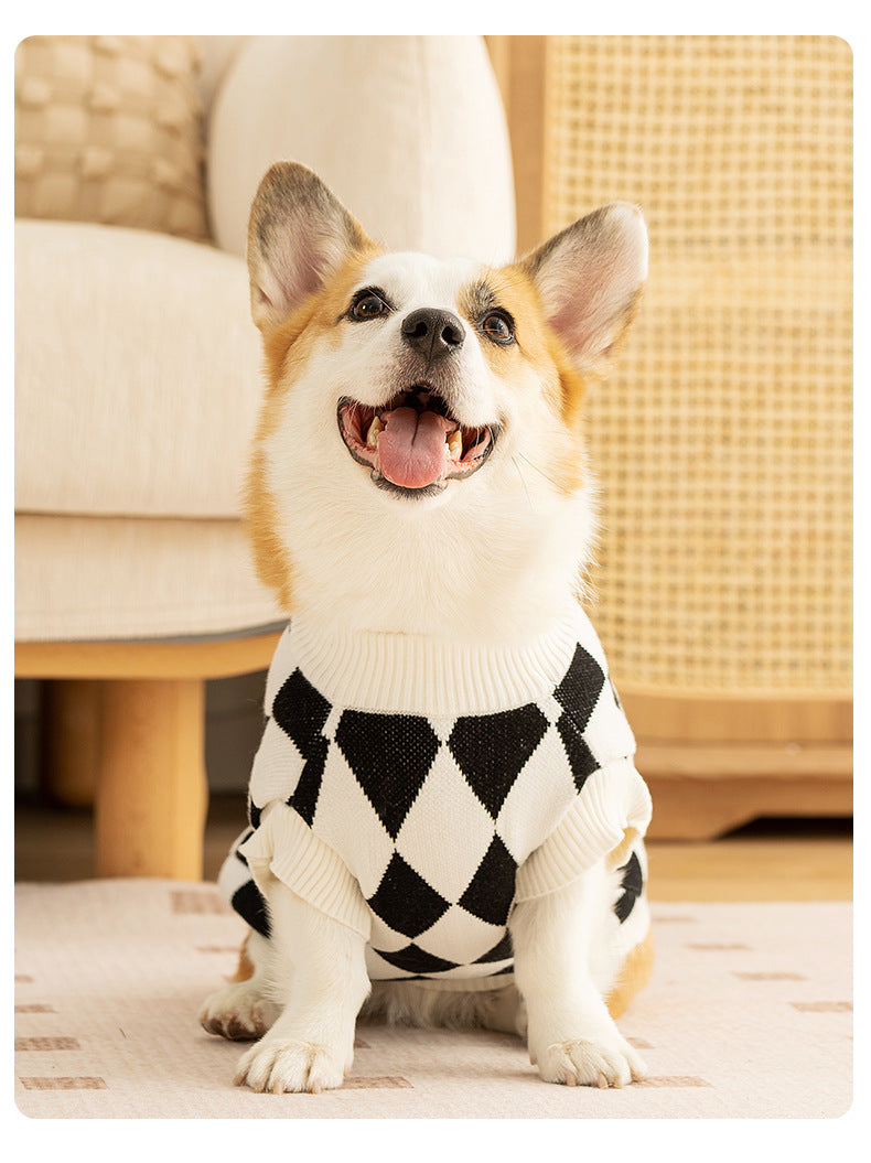Classic Argyle Dog Sweater - Black & White Knit for Corgis & Medium Breeds (Size : M)