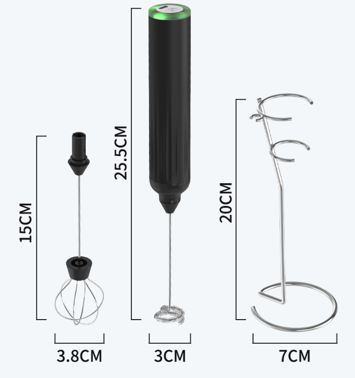 Black USB Rechargeable Milk Frother - 3-Speed Handheld Electric Whisk with Stand