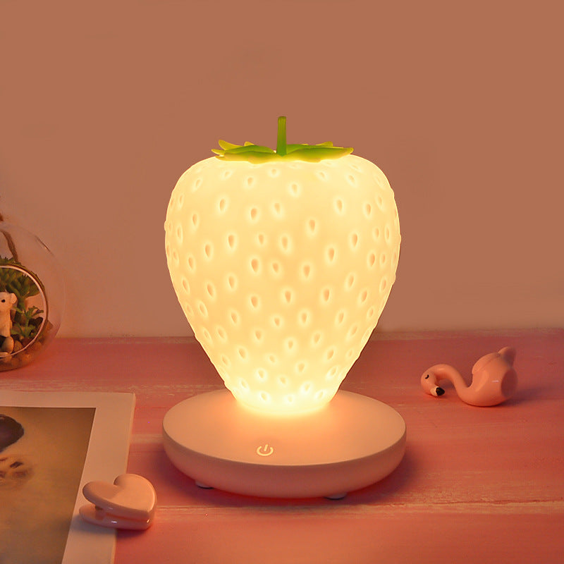 White Cute Silicone Strawberry Night Light - USB Rechargeable, Touch Control