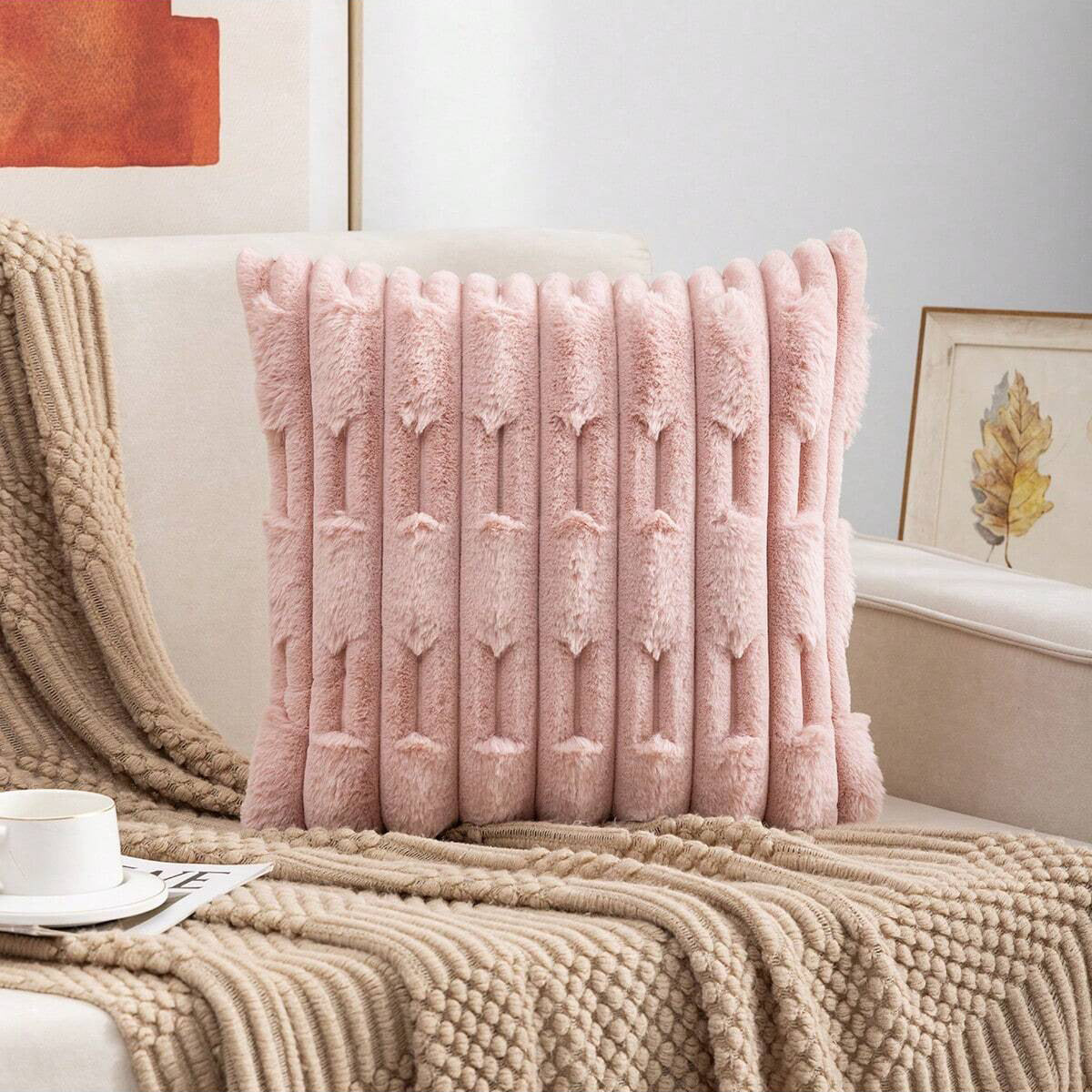 A pair of pink Plush Faux Rabbit Fur Throw Pillow Cover - Textured Wheat Ear Design (45x45cm)