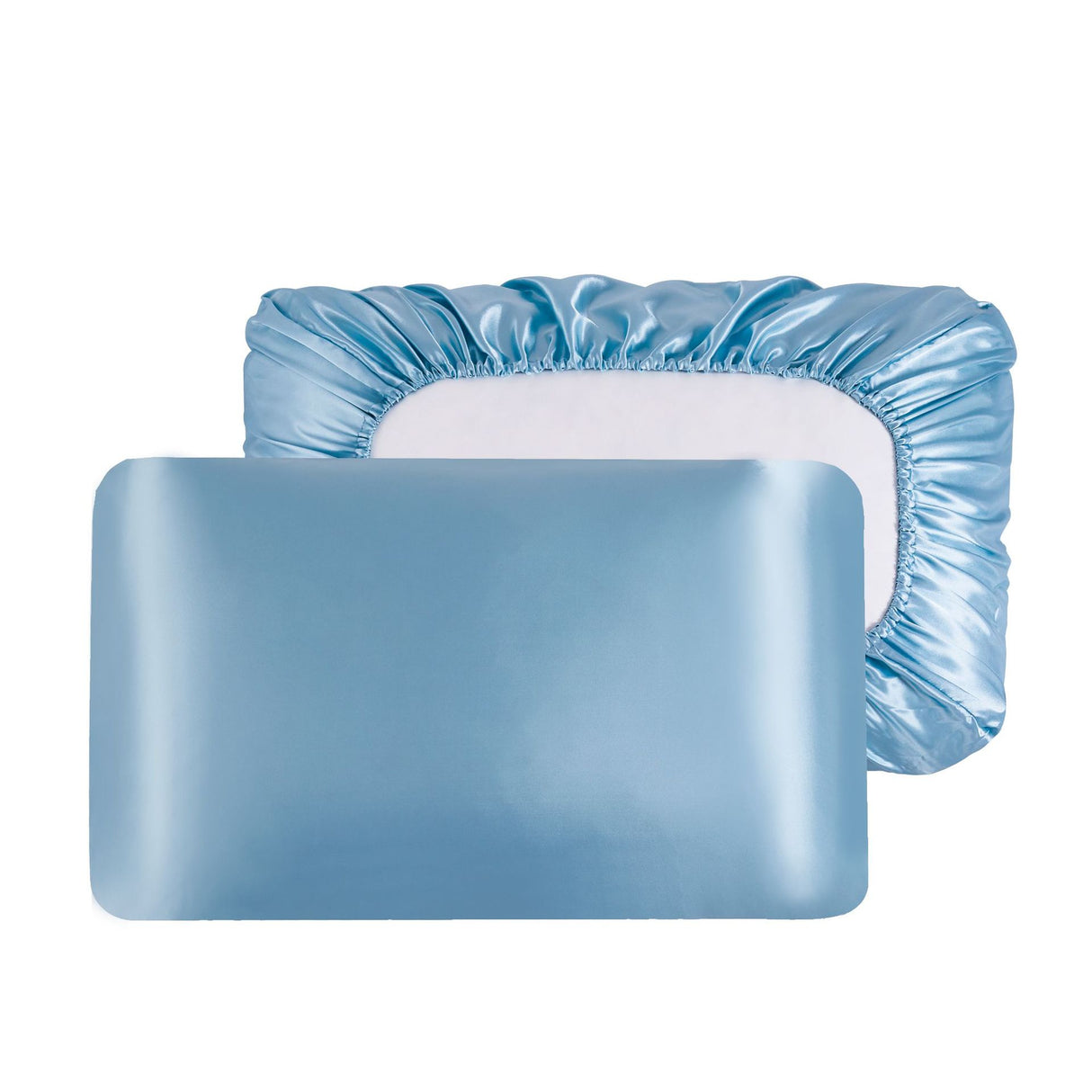 Sky Blue Silky Satin Pillowcase Pair - Smooth for Hair & Skin, Elastic Fitted (46x90+16cm)