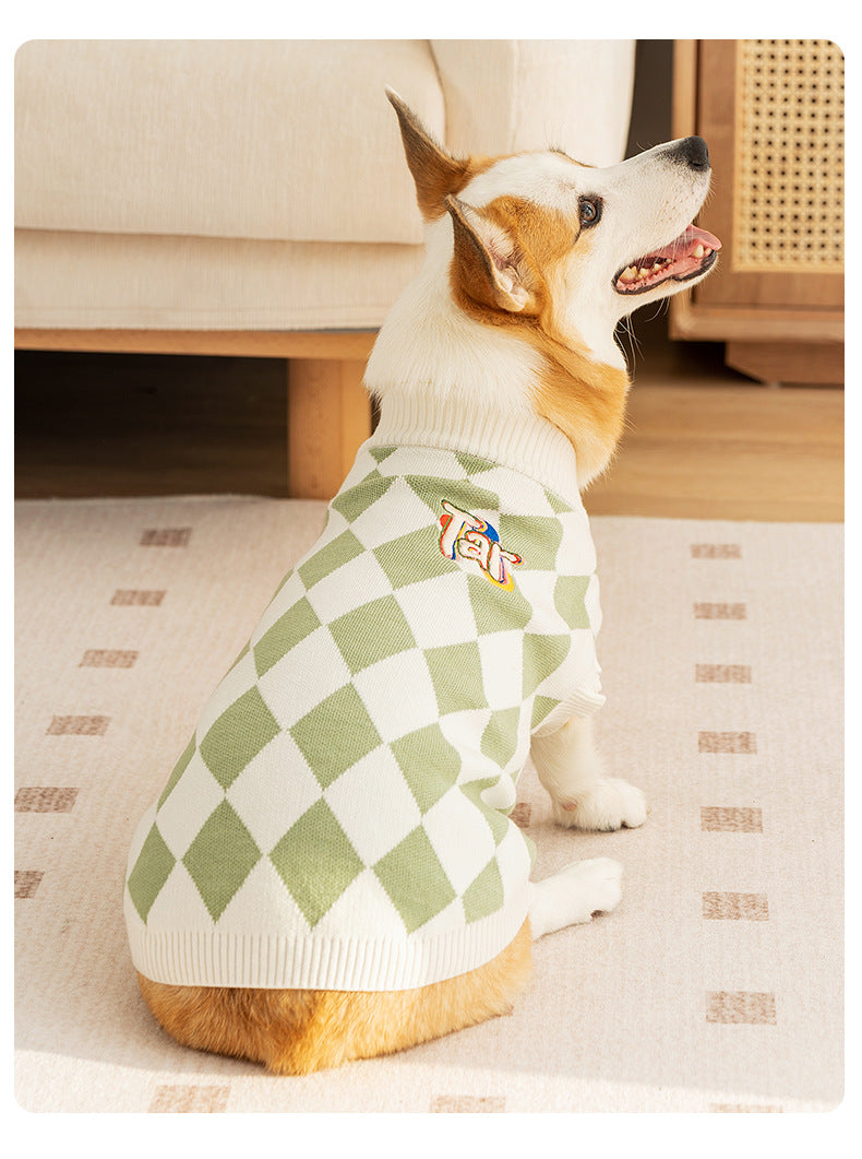 Classic Argyle Dog Sweater - Green & White Knit for Corgis & Medium Breeds (Size : M)