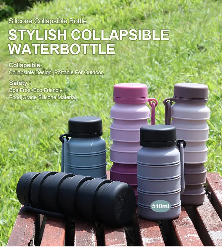Blue and Black Collapsible Silicone Water Bottle - 510ml Portable Food-Grade Travel & Sports Drink Flask