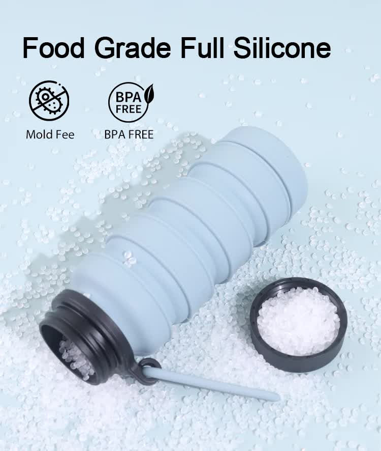 Blue and Black Collapsible Silicone Water Bottle - 510ml Portable Food-Grade Travel & Sports Drink Flask