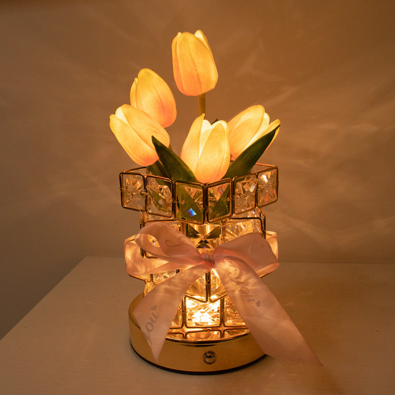 Red Elegant Crystal Tulip LED Night Light - Rechargeable Touch Lamp with 3 Colors & Dimming