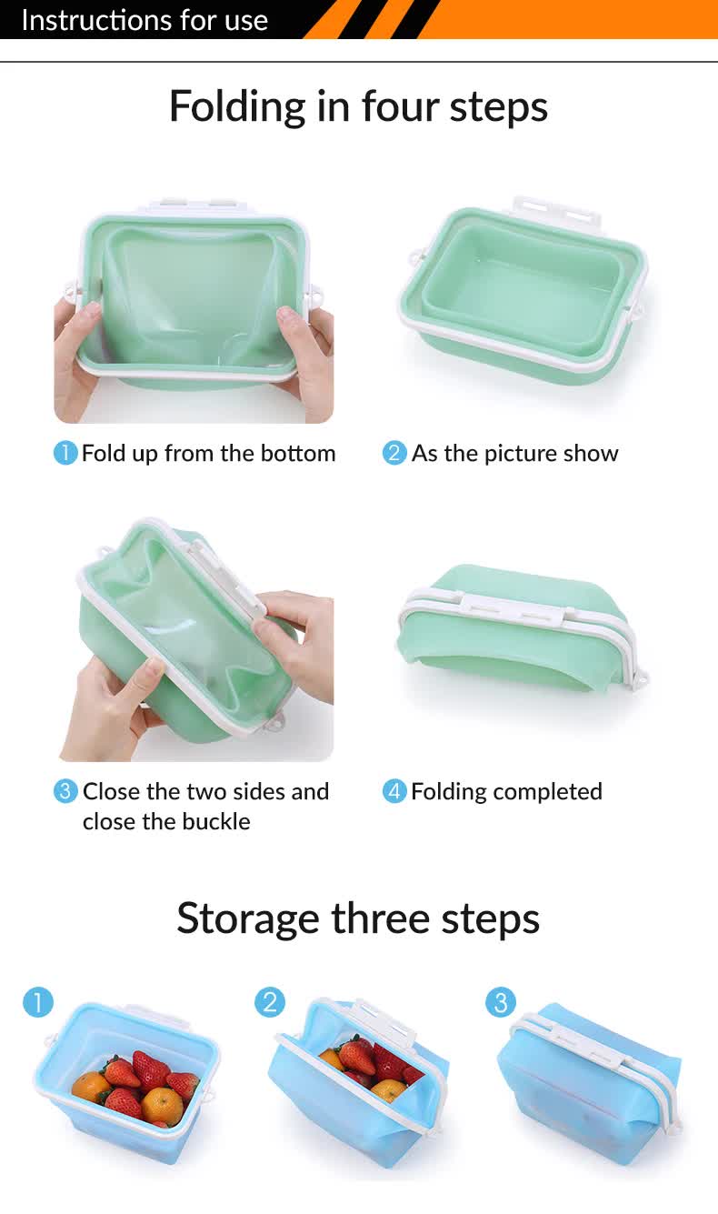 2 Pcs Blue Collapsible Silicone Food Storage Container - Microwave & Freezer Safe Lunch Box